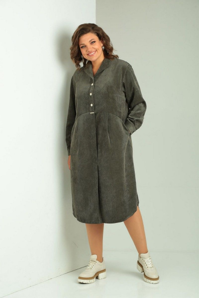 Платье из вельвета свободного кроя с карманами VIA-Mod 615 хаки - фото 3