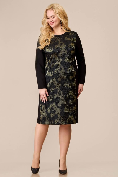 Мультиколорное платье из текстиля с вышивкой и молнией Линия Л Б-1975 зеленый/черный - фото 1