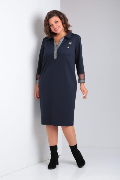 Платье полуприлегающего силуэта с воротником и вставками Милора-стиль 1169 синий - фото 1
