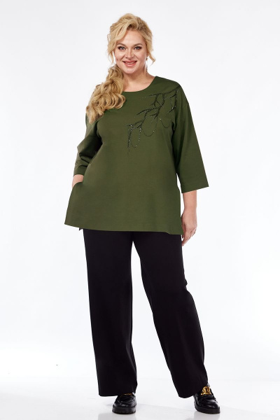 Джемпер из трикотажа с вышивкой и разрезами Jurimex 3014 оливковый - фото 7