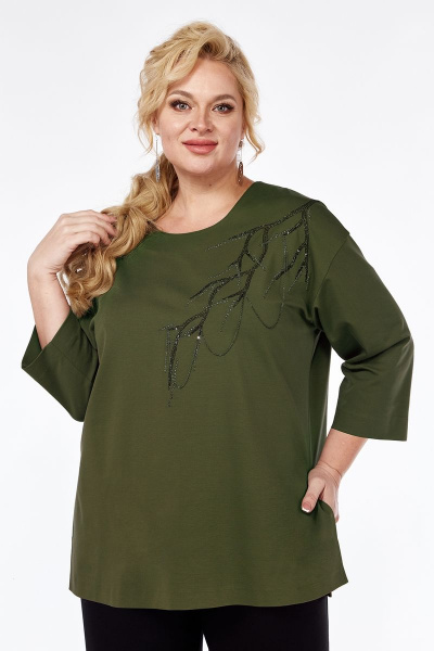 Джемпер из трикотажа с вышивкой и разрезами Jurimex 3014 оливковый - фото 1