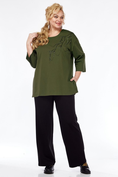 Джемпер из трикотажа с вышивкой и разрезами Jurimex 3014 оливковый - фото 2
