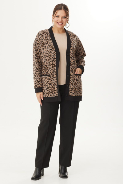 Многослойный комплект из бежевой блузы, брюк и кардигана из трикотажа Орхидея 1357 - фото 1