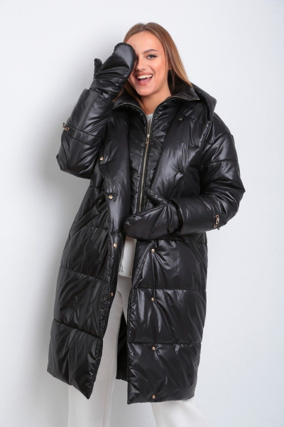 Пальто из плащёвой ткани с застежкой на кнопки и прорезными карманами Диомант 1925 черный - фото 1