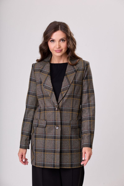 Жакет деловой удлиненный с пуговицами и карманами БелЭльСтиль 860-2_92_22 коричнево-желтая клетка - фото 4