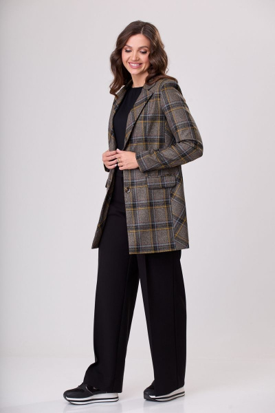 Жакет деловой удлиненный с пуговицами и карманами БелЭльСтиль 860-2_92_22 коричнево-желтая клетка - фото 3
