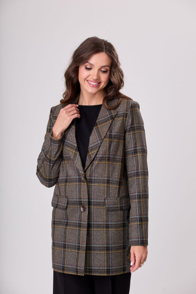 Жакет деловой удлиненный с пуговицами и карманами БелЭльСтиль 860-2_92_22 коричнево-желтая клетка - фото 1
