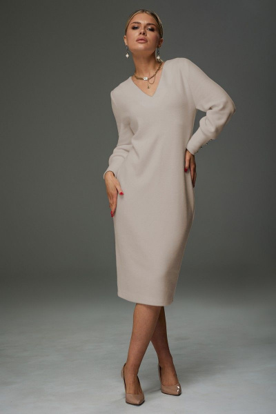 Платье женское из трикотажа с V-образным вырезом ниже колена Galean Style 913-1 бежевый - фото 3