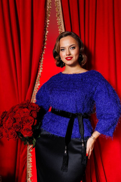 Блуза и юбка с лампасами и украшениями из велюра Мода Юрс 2382 черный_синий_трава - фото 2