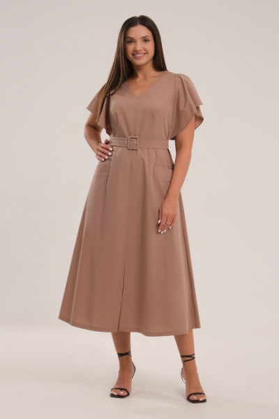 Платье приталенное из текстиля с карманами и V-образной горловиной Панда 143680w бежевый - фото 1