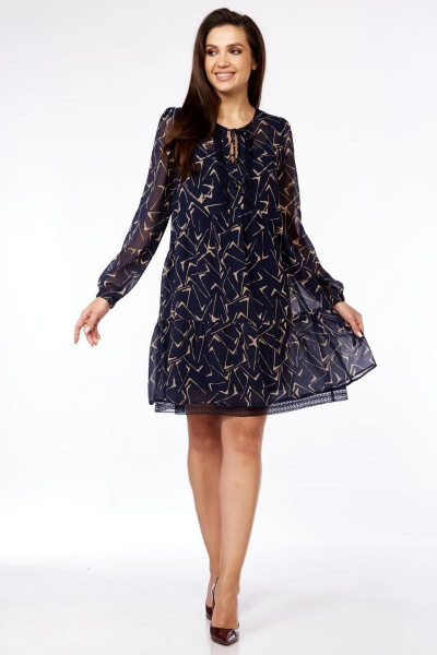 Платье с кружевом и сборками из текстиля с сеткой Милора-стиль 1035 синий/штрихи - фото 1