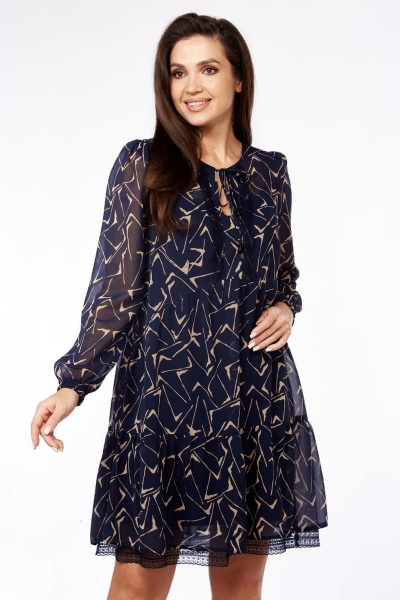 Платье с кружевом и сборками из текстиля с сеткой Милора-стиль 1035 синий/штрихи - фото 2