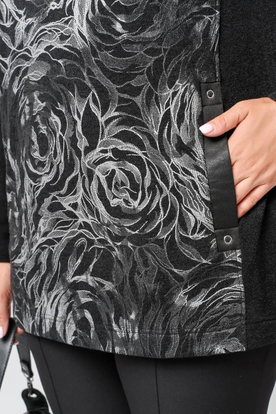 Длинный прямой джемпер с кожзама, ангорой и карманами La rouge 3321 черный-(розы) - фото 6