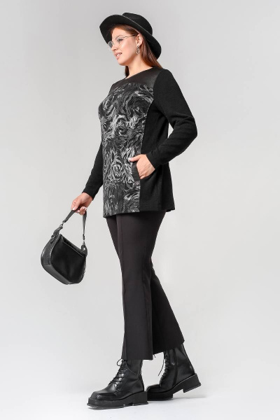 Длинный прямой джемпер с кожзама, ангорой и карманами La rouge 3321 черный-(розы) - фото 3