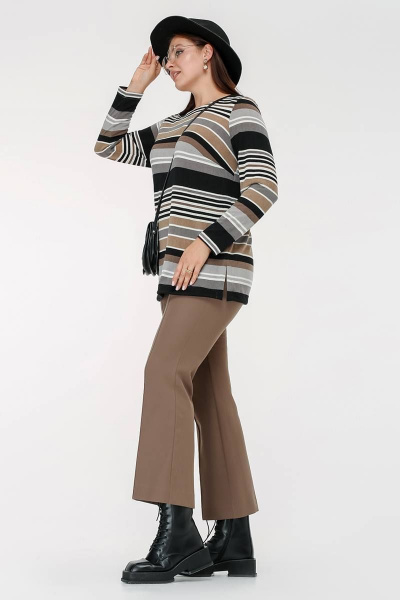 Джемпер в полоску прямого силуэта с разрезами боковых швов La rouge 3325 капучино-(полоска) - фото 3