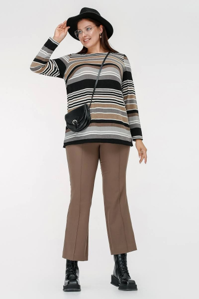 Джемпер в полоску прямого силуэта с разрезами боковых швов La rouge 3325 капучино-(полоска) - фото 2