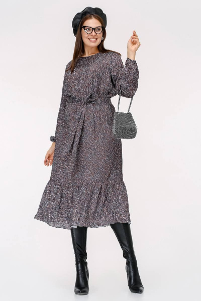 Праздничное атласное платье с воланом и поясом La rouge 5399 камешки-набивной - фото 1