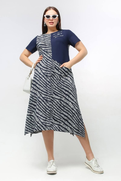 Платье трапециевидное с карманами и швом в стиле зебра La rouge 5417 синий-набивной - фото 1