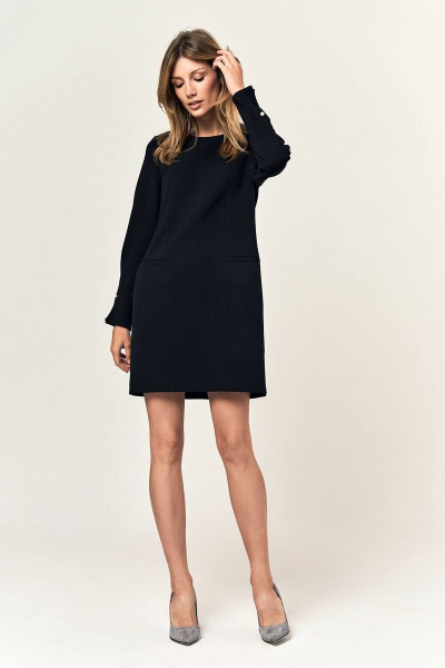 Черное платье с втачным рукавом и яркими пуговицами из трикотажа LeNata 11352 черный - фото 2