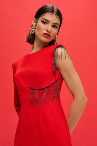 Платье трикотажное с бахромой и разрезом на молнии VIZANTI 9383 красный - фото 8