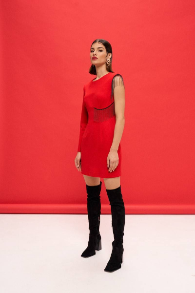 Платье трикотажное с бахромой и разрезом на молнии VIZANTI 9383 красный - фото 6