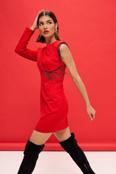 Платье трикотажное с бахромой и разрезом на молнии VIZANTI 9383 красный - фото 4