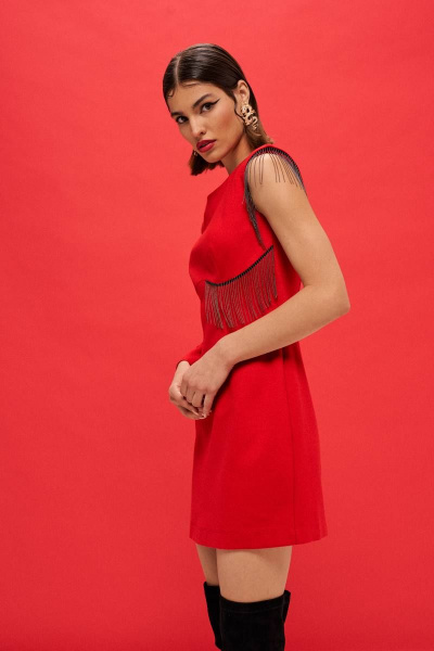 Платье трикотажное с бахромой и разрезом на молнии VIZANTI 9383 красный - фото 5