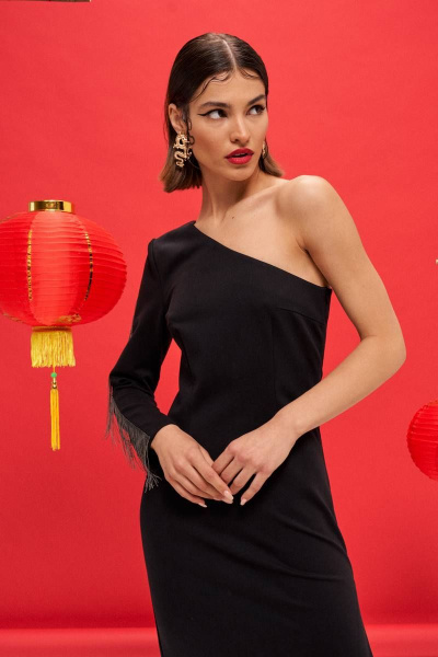 Платье из трикотажа с асимметричной горловиной и рукавом VIZANTI 9388 черный - фото 8