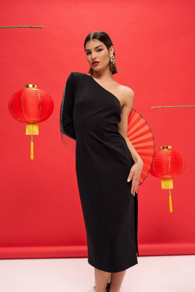 Платье из трикотажа с асимметричной горловиной и рукавом VIZANTI 9388 черный - фото 6