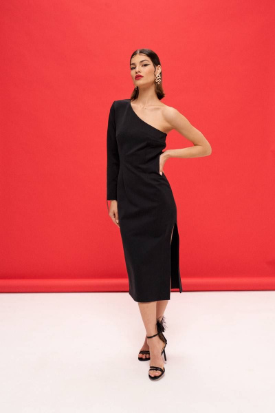 Платье из трикотажа с асимметричной горловиной и рукавом VIZANTI 9388 черный - фото 2