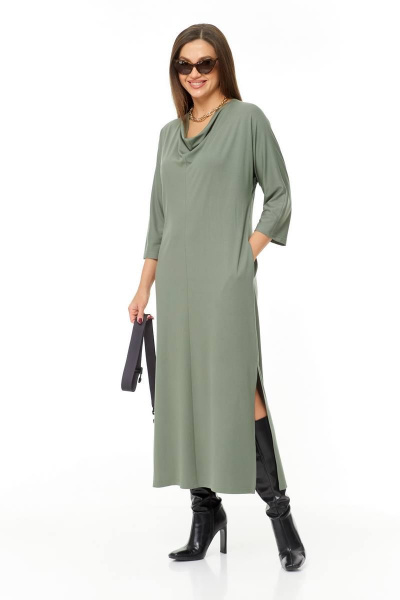 Элегантное трикотажное платье с воротником-шалькой и карманами Taita plus 2334 светлый_хаки - фото 9
