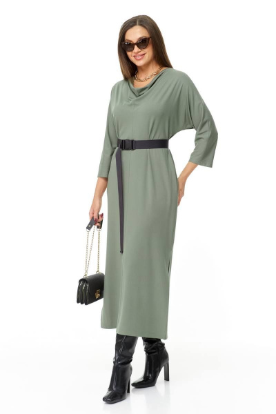 Элегантное трикотажное платье с воротником-шалькой и карманами Taita plus 2334 светлый_хаки - фото 6