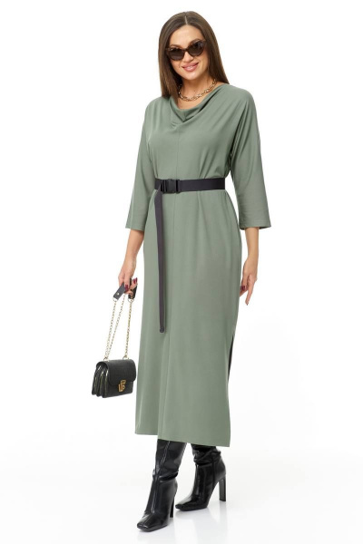 Элегантное трикотажное платье с воротником-шалькой и карманами Taita plus 2334 светлый_хаки - фото 5