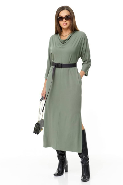 Элегантное трикотажное платье с воротником-шалькой и карманами Taita plus 2334 светлый_хаки - фото 1