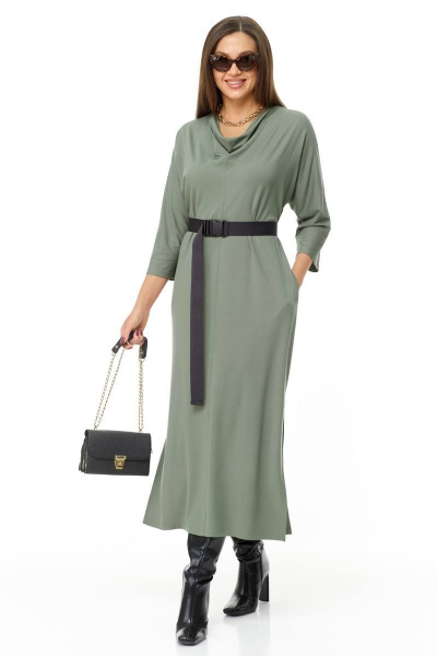 Элегантное трикотажное платье с воротником-шалькой и карманами Taita plus 2334 светлый_хаки - фото 4