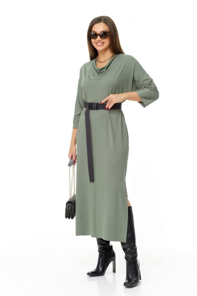Элегантное трикотажное платье с воротником-шалькой и карманами Taita plus 2334 светлый_хаки - фото 2
