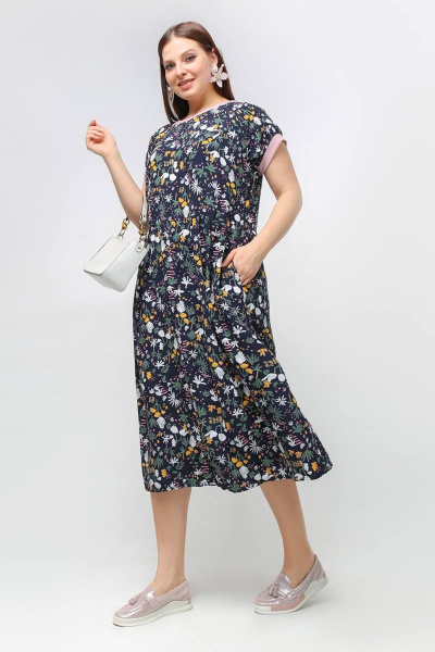 Платье трапециевидное с мелким рисунком и воланами La rouge 5422 синий-набивной - фото 3