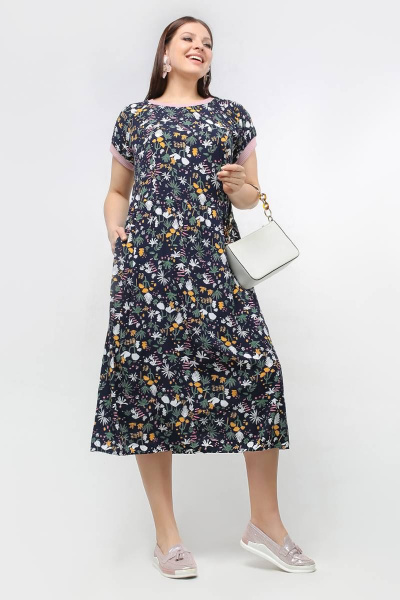 Платье трапециевидное с мелким рисунком и воланами La rouge 5422 синий-набивной - фото 1