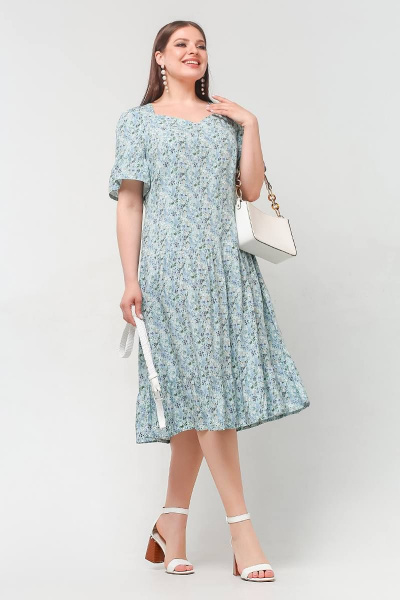 Платье свободного силуэта с воланами и ремнем La rouge 5429 мята-(цветы) - фото 6