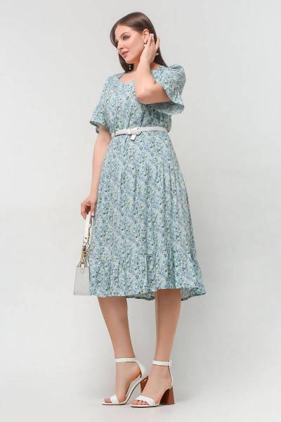 Платье свободного силуэта с воланами и ремнем La rouge 5429 мята-(цветы) - фото 3