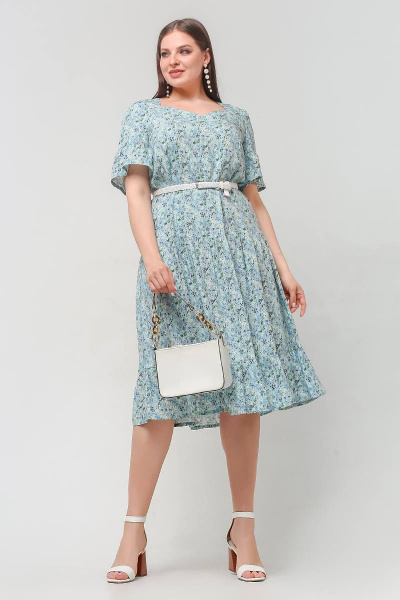 Платье свободного силуэта с воланами и ремнем La rouge 5429 мята-(цветы) - фото 2