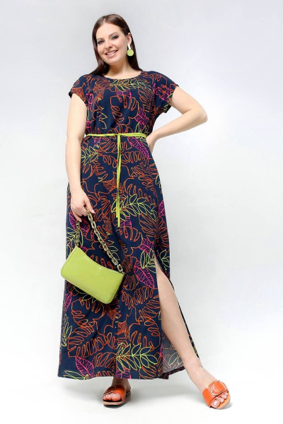 Платье полуприлегающего силуэта с разрезом и рельефами La rouge 5433 синий-(листья) - фото 1