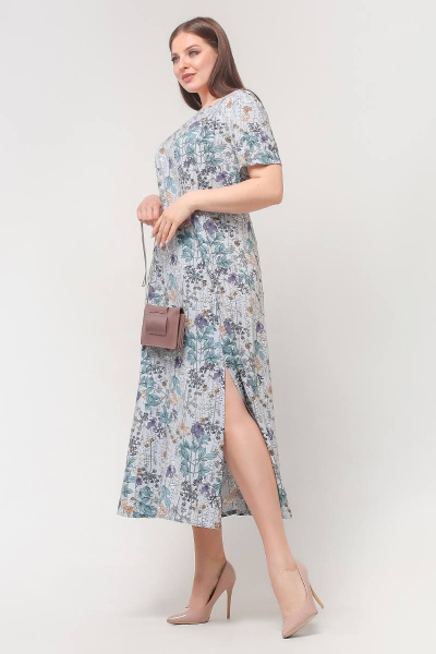 Платье с рельефами и разрезом на демисезон, под пресс La rouge 5434 голубой-(цветы) - фото 3