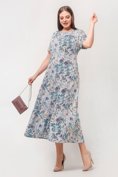Платье с рельефами и разрезом на демисезон, под пресс La rouge 5434 голубой-(цветы) - фото 2