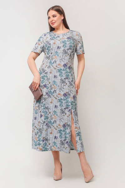 Платье с рельефами и разрезом на демисезон, под пресс La rouge 5434 голубой-(цветы) - фото 1