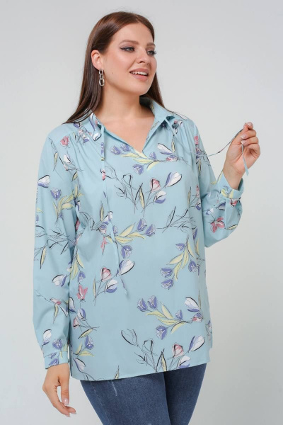 Блуза прямого силуэта со стояче-отложным воротником La rouge 6258 мята-(цветы) - фото 6