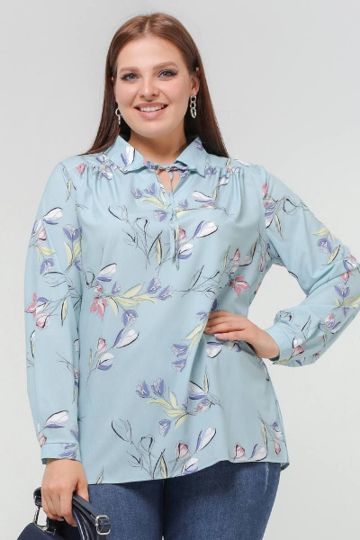 Блуза прямого силуэта со стояче-отложным воротником La rouge 6258 мята-(цветы) - фото 1