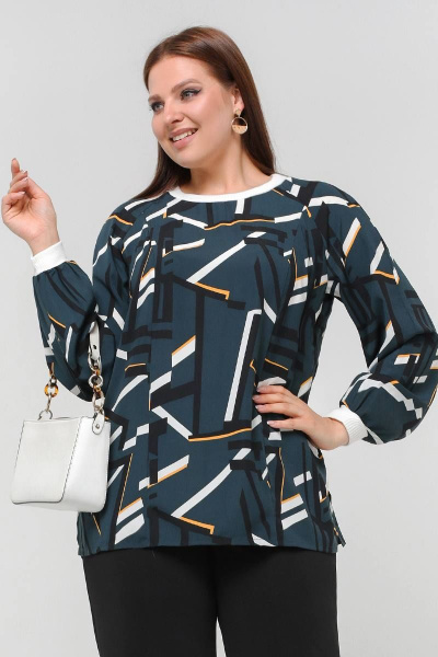 Блуза свободного силуэта из текстиля с геометрическим узором La rouge 62595 малахит-(геометрия) - фото 1
