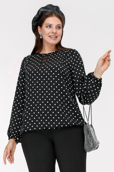 Блуза классическая с горошком и вставкой из сетки La rouge 6266 черный-(горошек) - фото 1