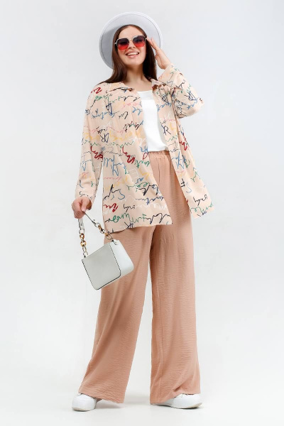 Туника свободного силуэта с принтом букв и застежкой La rouge 9072 беж-(буквы) - фото 4